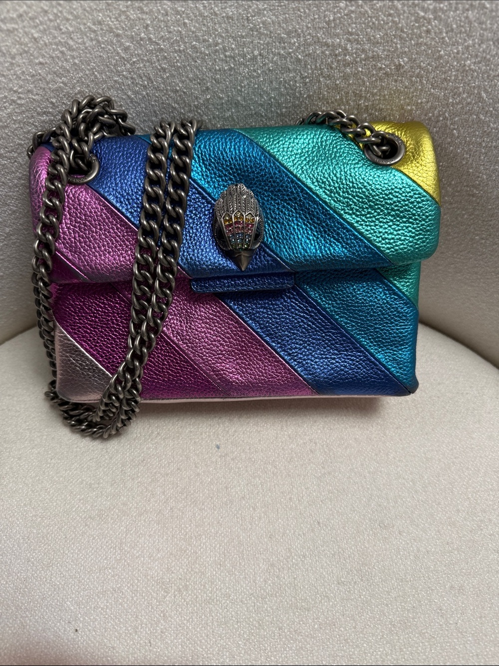 Kurt Geiger Metallic Rainbow Chevron Crossbody in Blue, Teal, Pink & Gold
